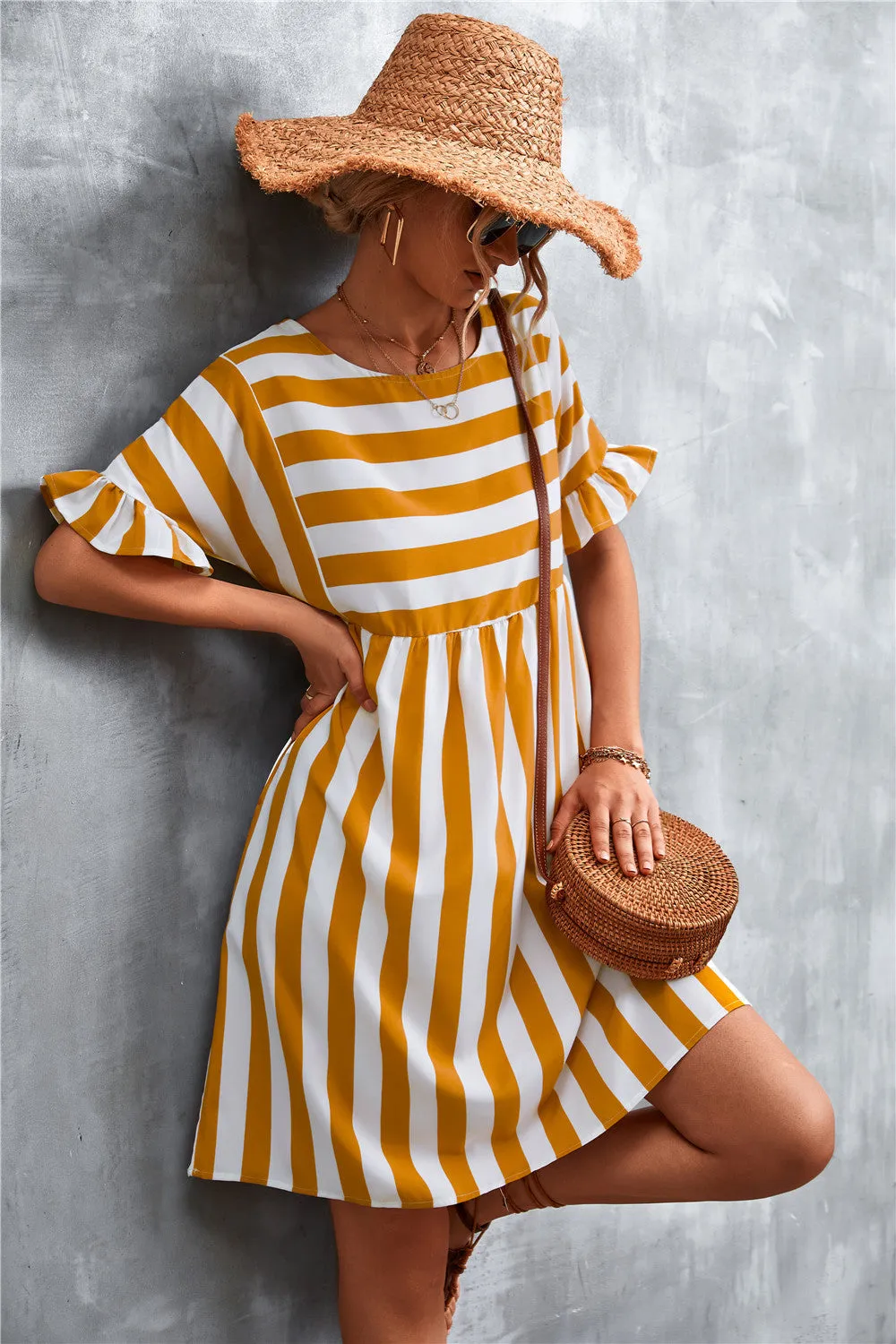 Striped Flounce Sleeve Dress