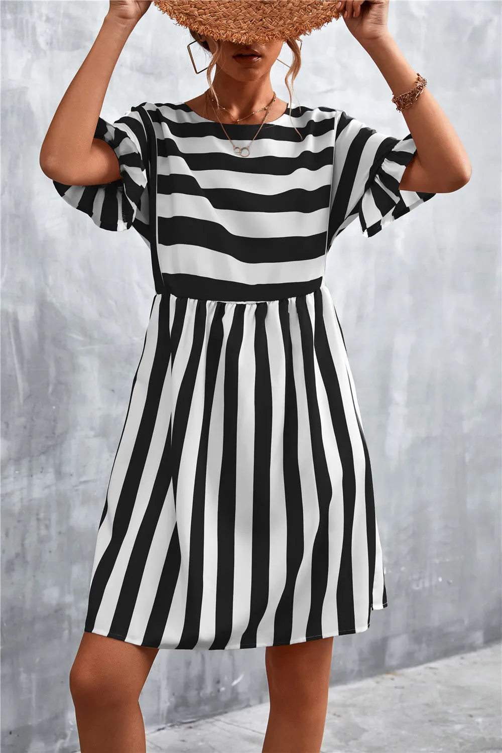 Striped Flounce Sleeve Dress