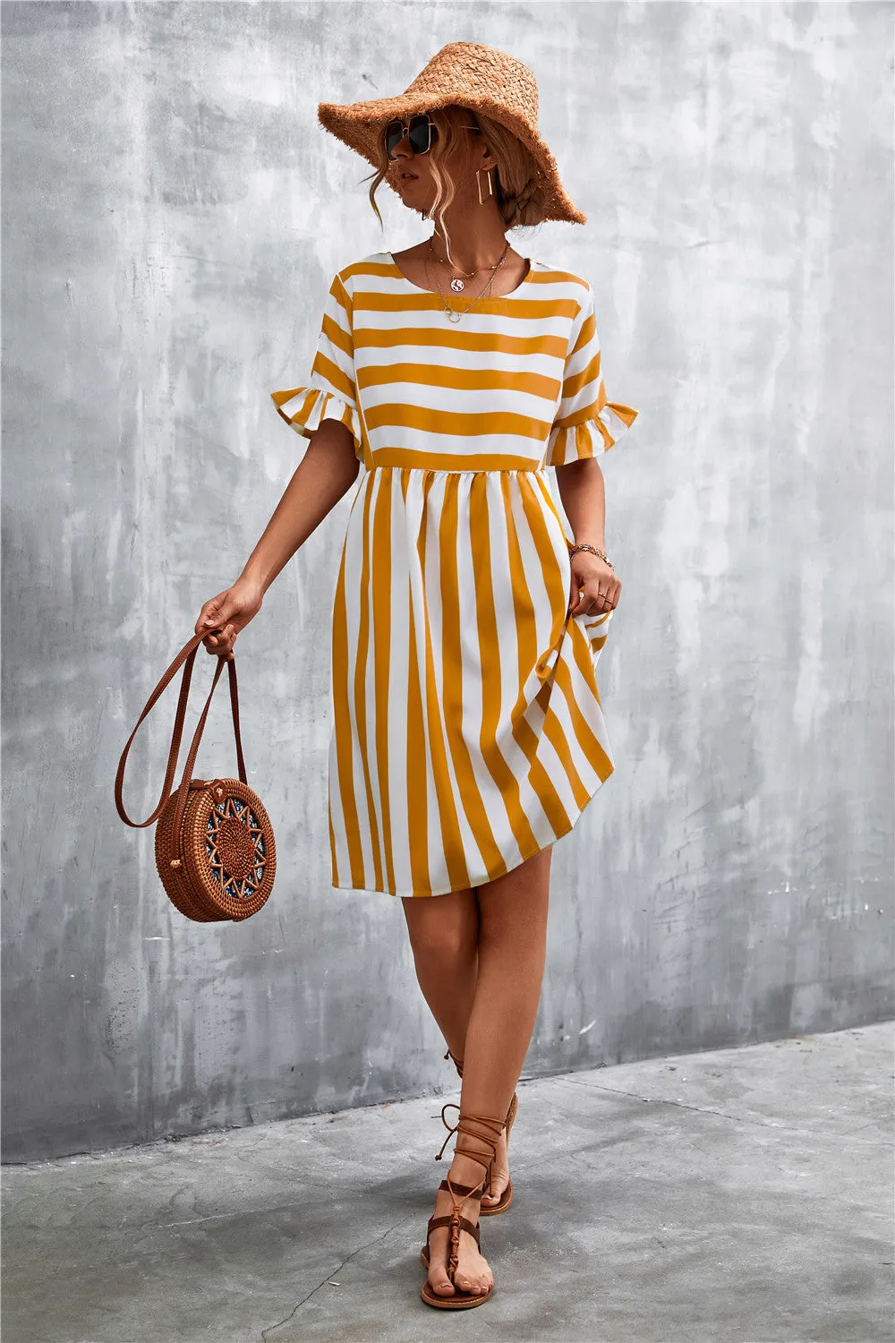 Striped Flounce Sleeve Dress