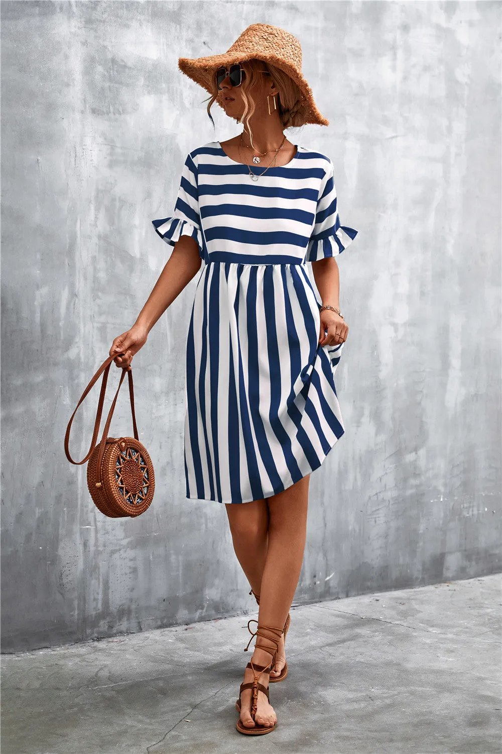 Striped Flounce Sleeve Dress