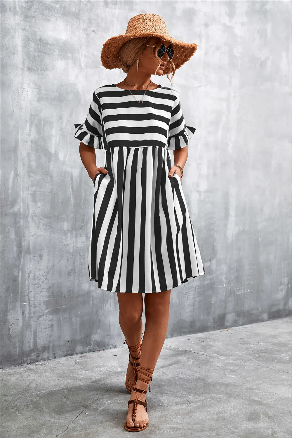 Striped Flounce Sleeve Dress
