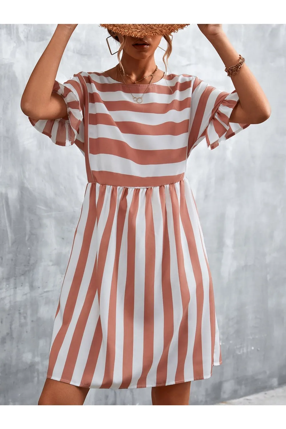Striped Flounce Sleeve Dress