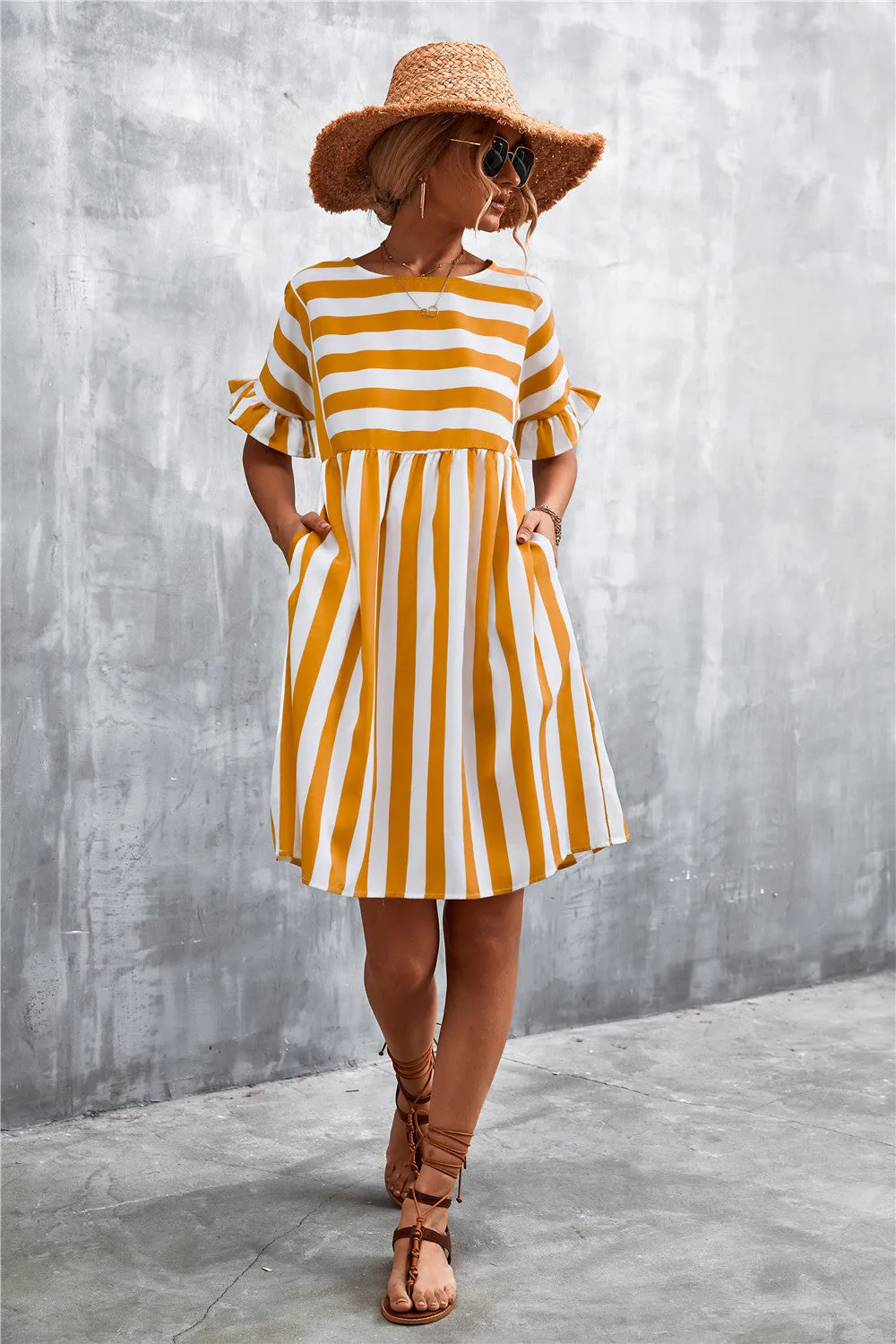 Striped Flounce Sleeve Dress