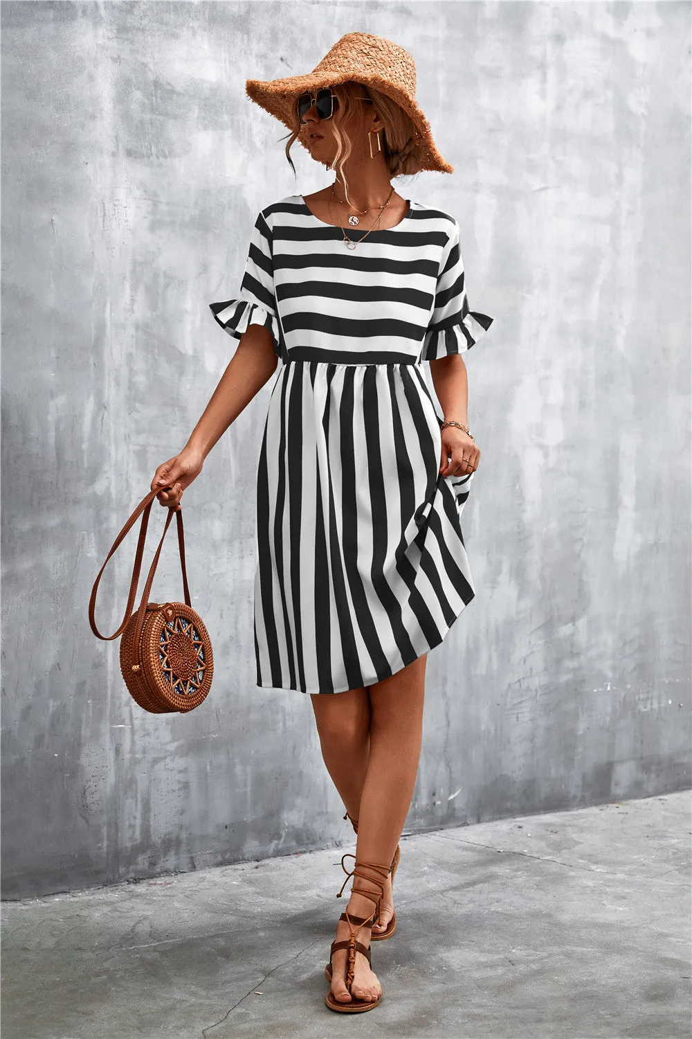 Striped Flounce Sleeve Dress