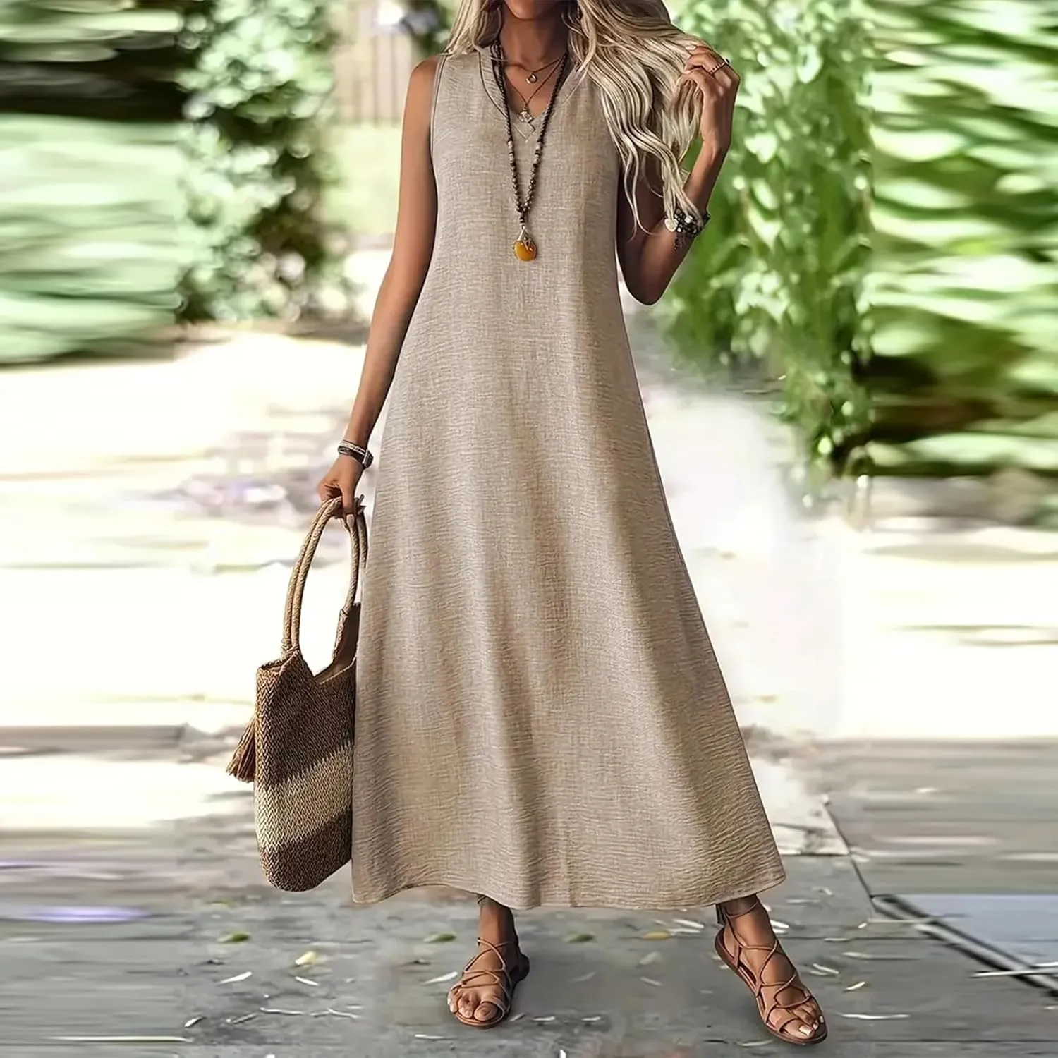 Summer Dresses for Women 2025 Cotton Linen Maxi Dress Casual Sleeveless Solid Long Sundress Vacation Outfits