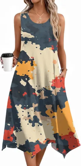 Summer Midi Dresses for Women 2025 Casual Vacation Handkerchief Tank Dress with Pockets Sundress Beach Cover ups