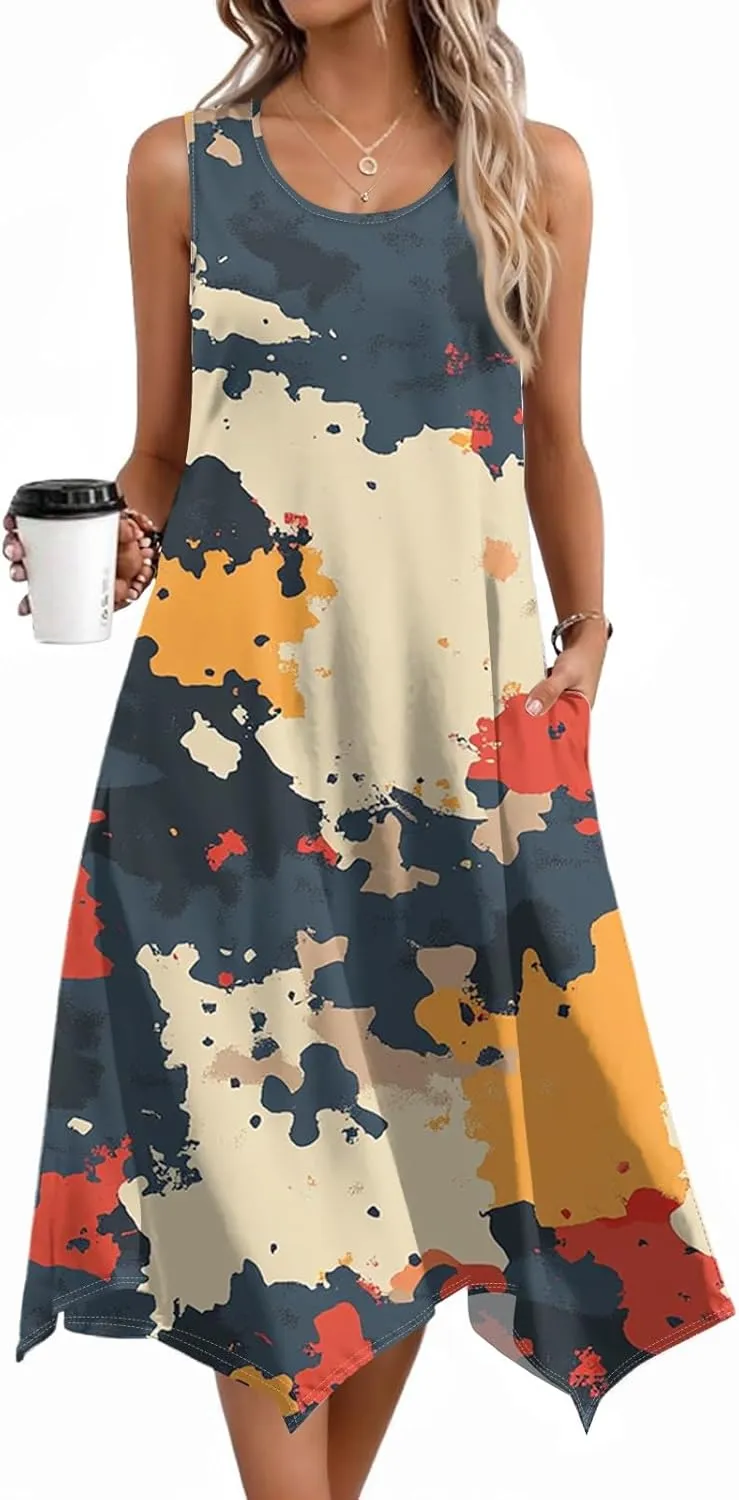 Summer Midi Dresses for Women 2025 Casual Vacation Handkerchief Tank Dress with Pockets Sundress Beach Cover ups