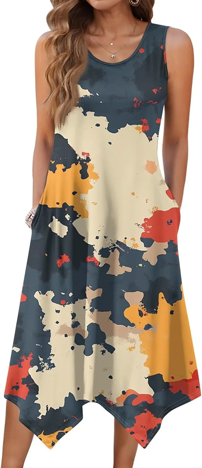 Summer Midi Dresses for Women 2025 Casual Vacation Handkerchief Tank Dress with Pockets Sundress Beach Cover ups