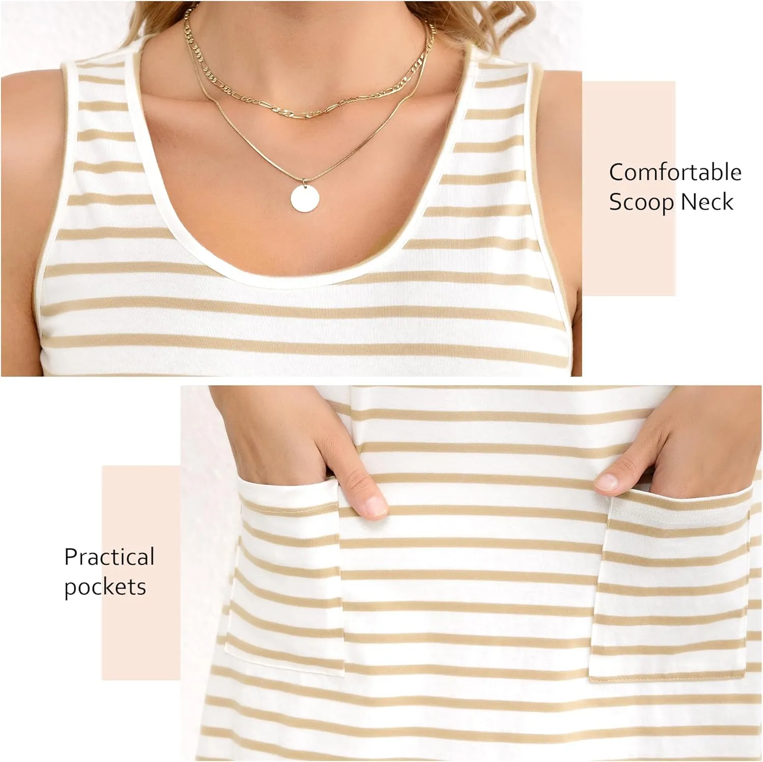 syztsho Womens Summer Dresses Casual Striped Scoop Neck T Shirt Dress Sleeveless Sundress with Pocke