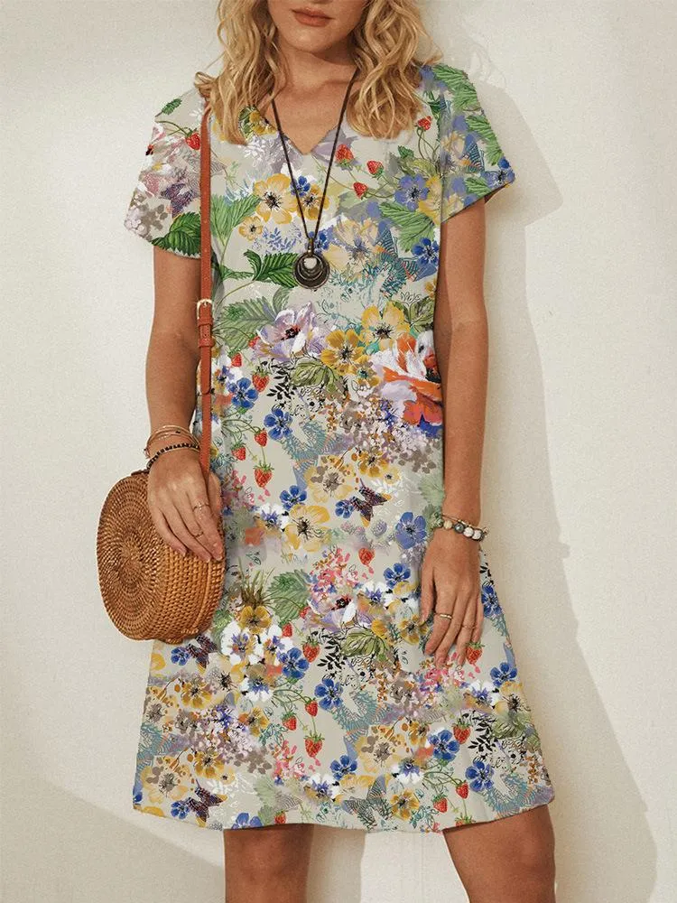 V-neck Pullover Short Sleeve Loose Dress