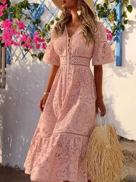 V-neck Short Sleeve Hollow Lace Dress