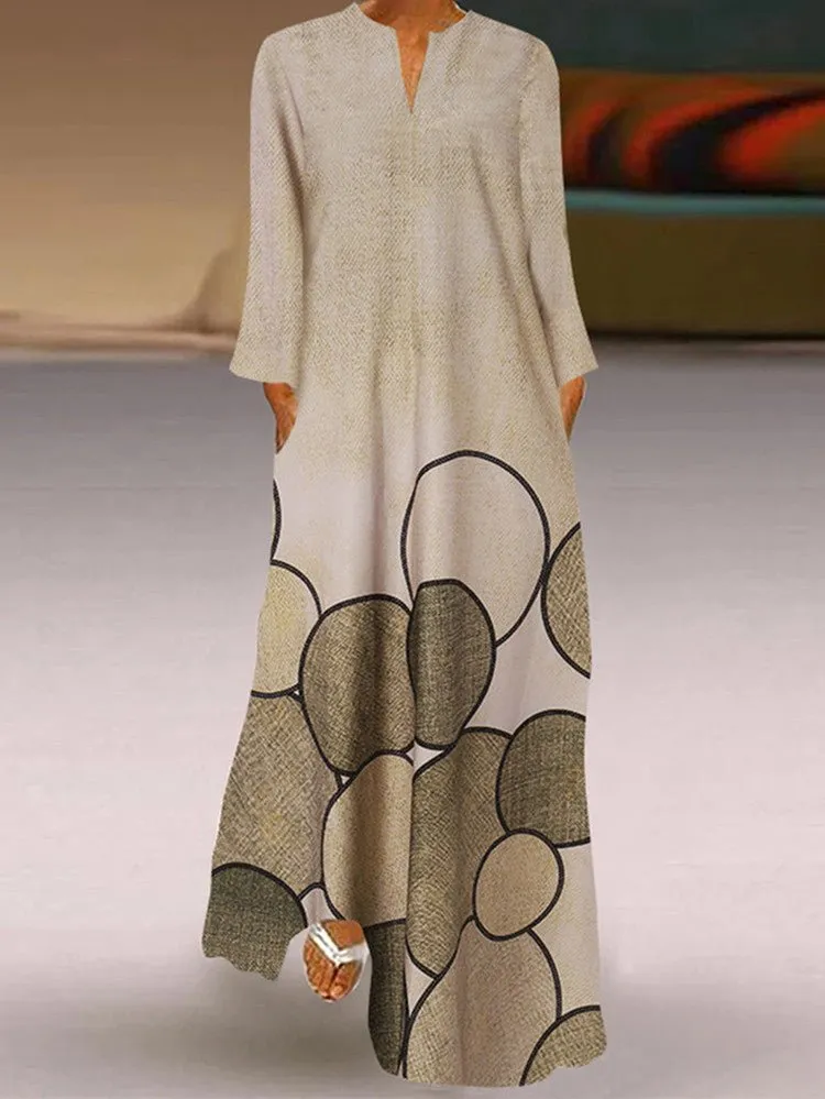 Vintage Print Pocket Long Sleeve Dress