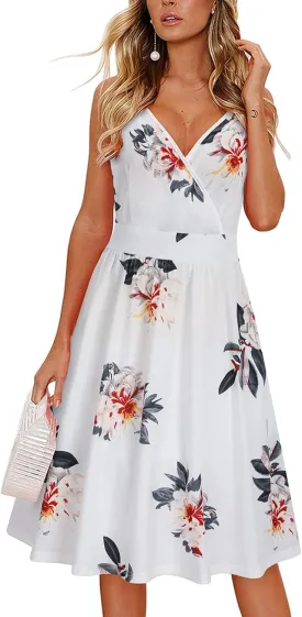 VOTEPRETTY Women's V Neck Floral Spaghetti Strap Sundress Casual Summer Party Swing Dress with Pocket