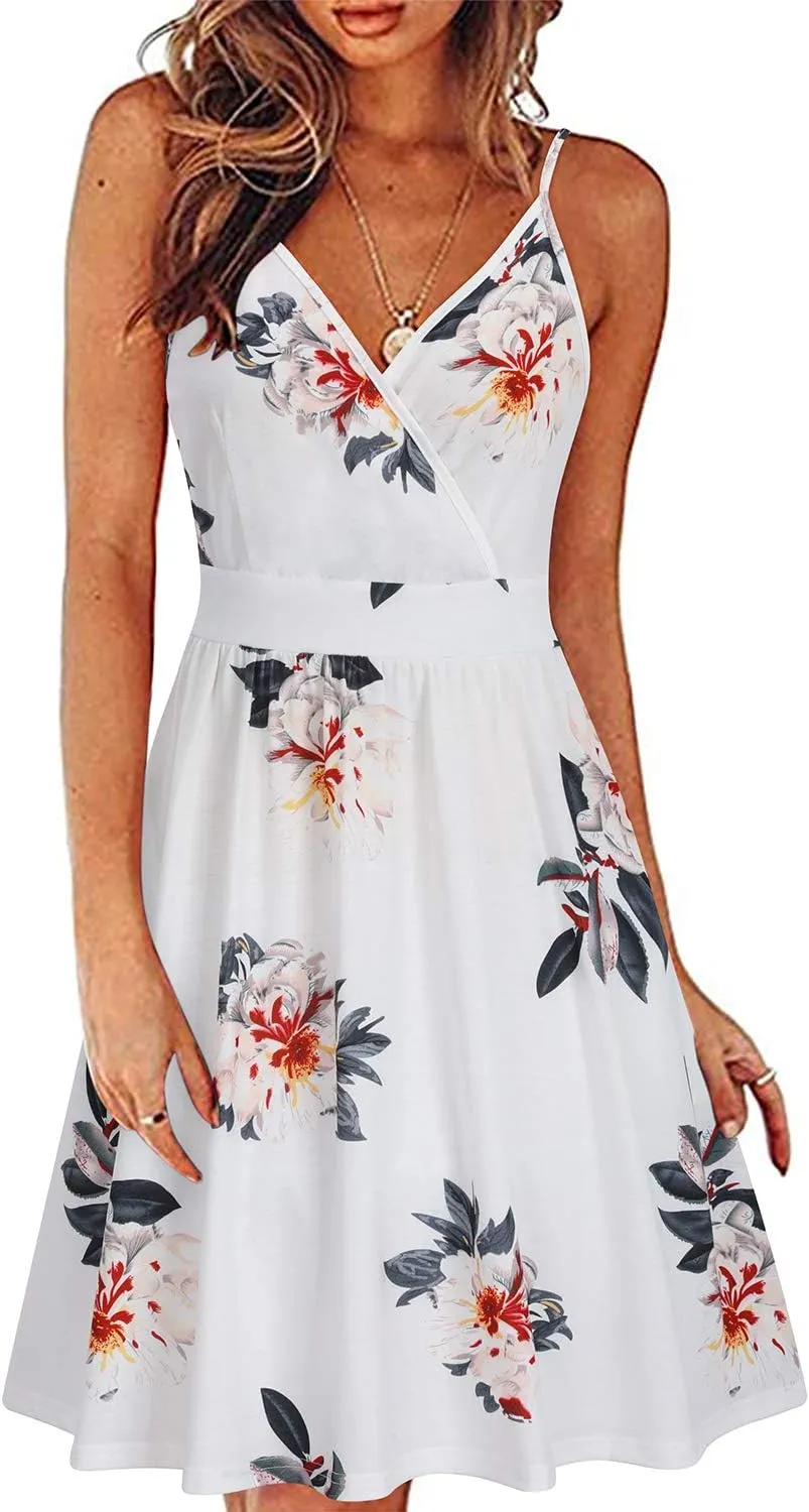 VOTEPRETTY Women's V Neck Floral Spaghetti Strap Sundress Casual Summer Party Swing Dress with Pocket