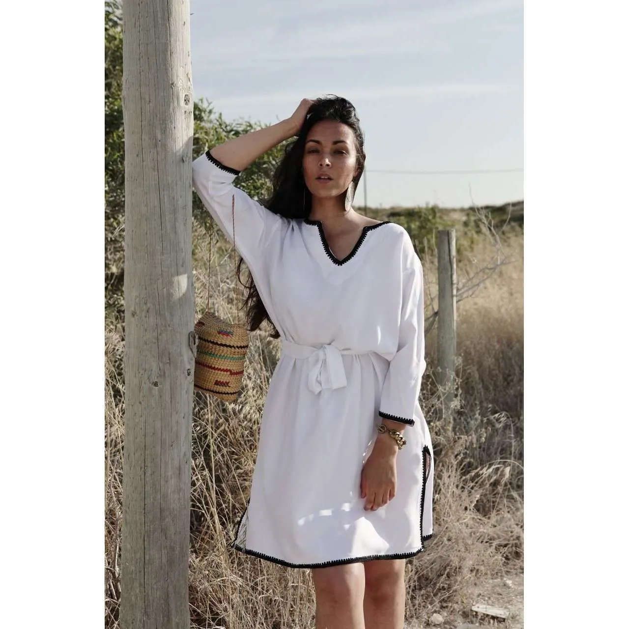 White & Black Rabat Tunic Dress-Moroccan Dress, Lounge wear
