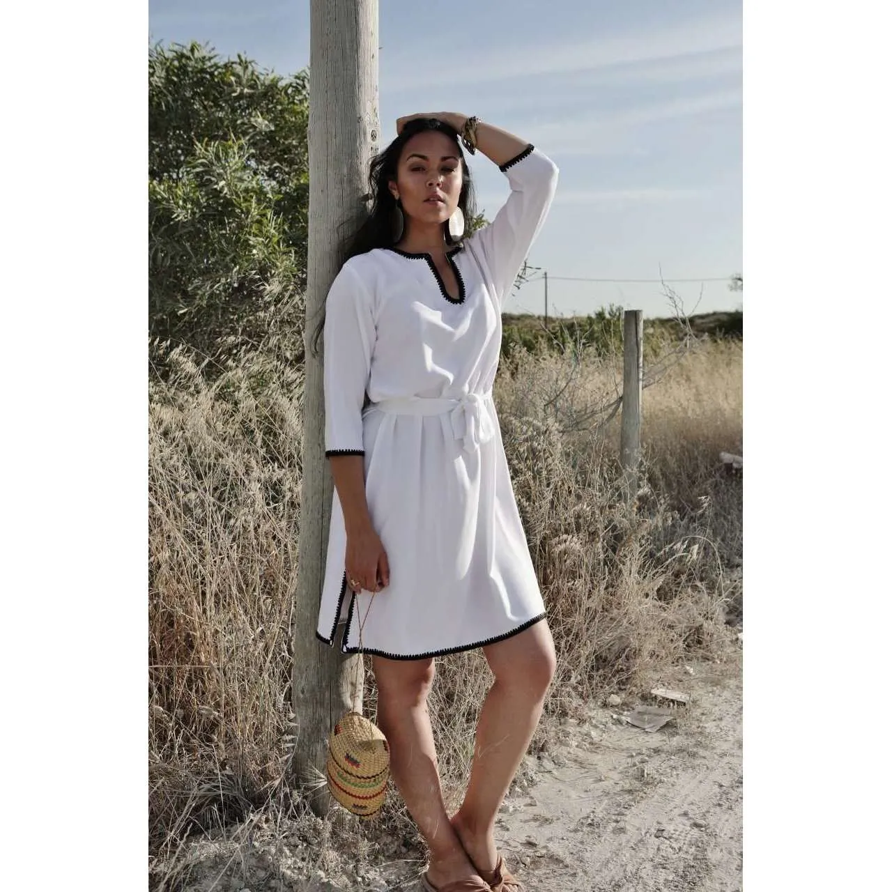 White & Black Rabat Tunic Dress-Moroccan Dress, Lounge wear