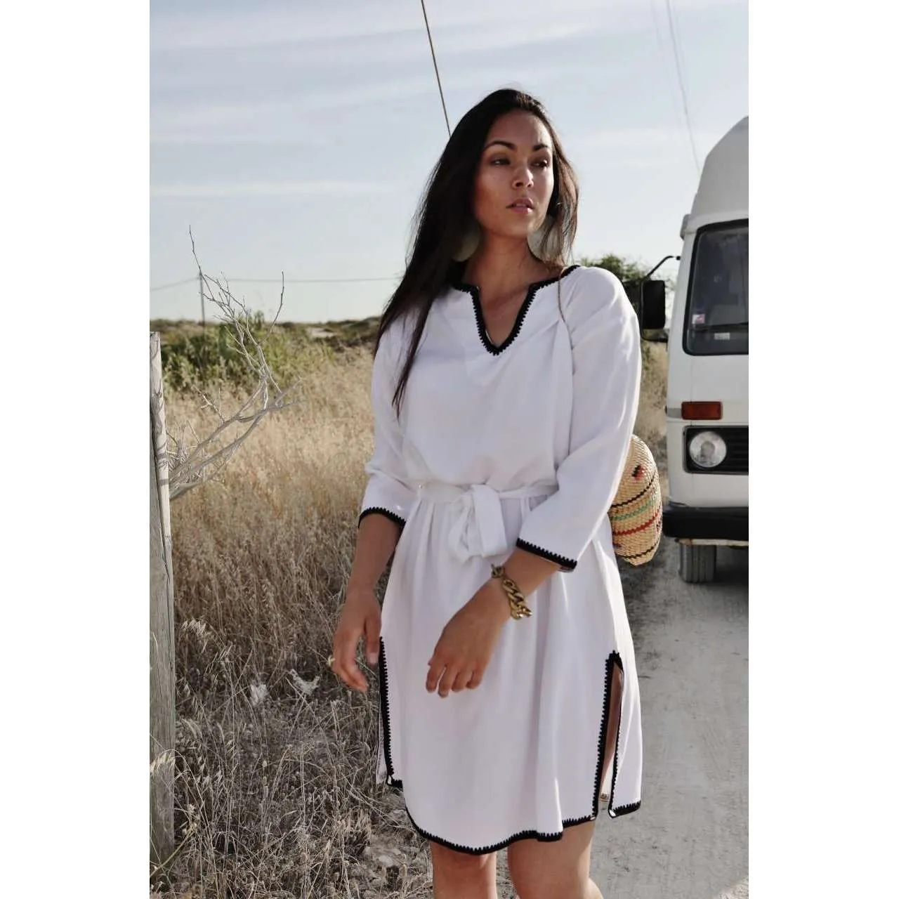White & Black Rabat Tunic Dress-Moroccan Dress, Lounge wear