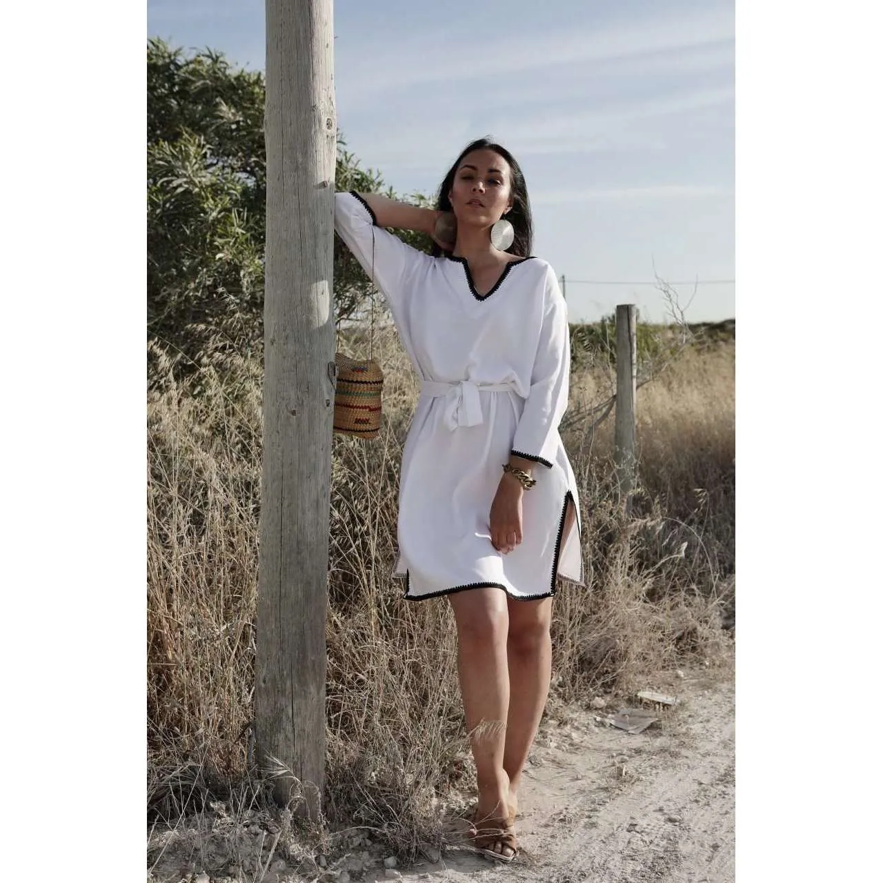 White & Black Rabat Tunic Dress-Moroccan Dress, Lounge wear