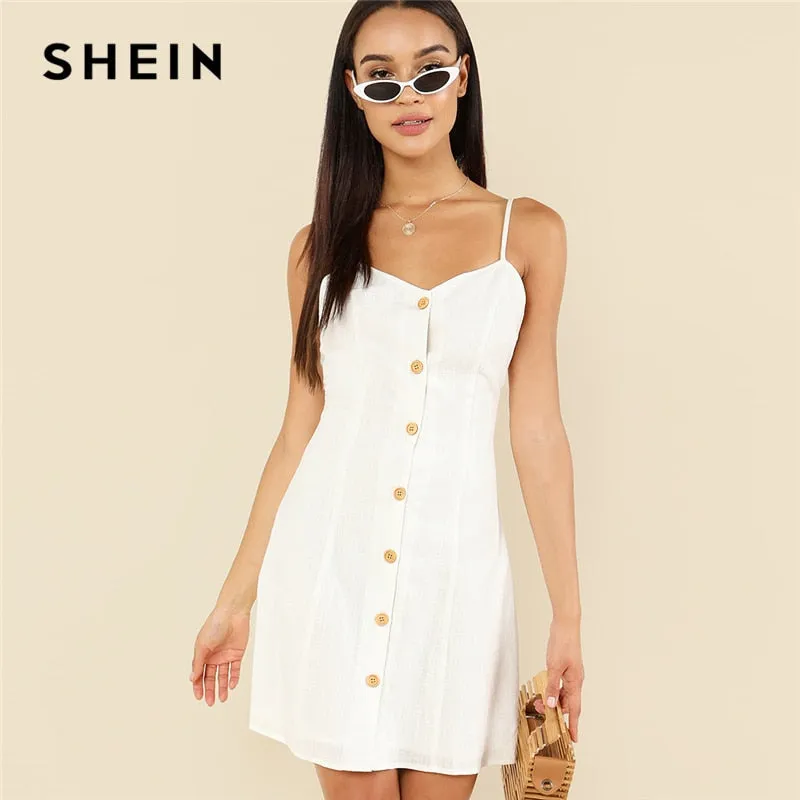 White Elegant Button Up Front Backless Spaghetti Strap Sleeveless Natural Waist Cami Short Dress
