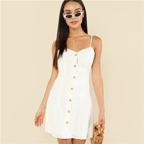 White Elegant Button Up Front Backless Spaghetti Strap Sleeveless Natural Waist Cami Short Dress