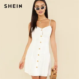 White Elegant Button Up Front Backless Spaghetti Strap Sleeveless Natural Waist Cami Short Dress