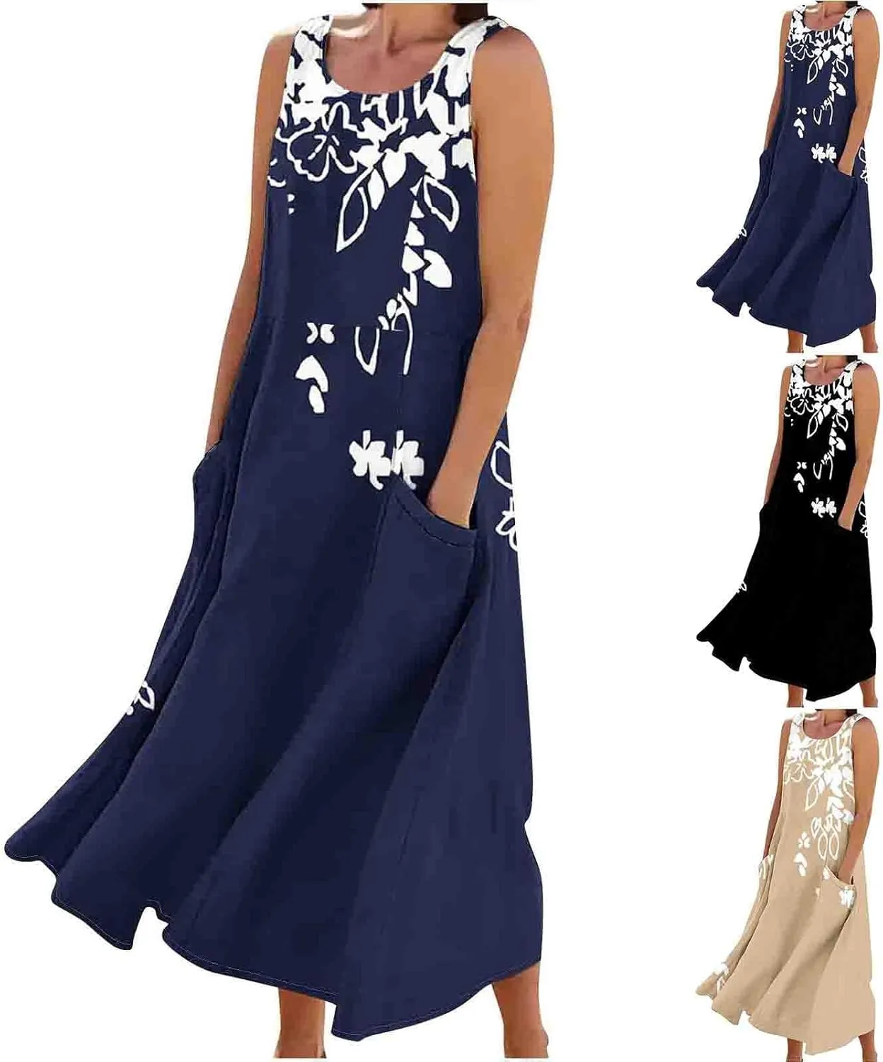 Women Summer Linen Dresses 2025 Trendy Floral Print Maxi Sundress Vacation Casual Sleeveless U Neck Dress with Pockets