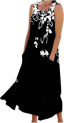 Women Summer Linen Dresses 2025 Trendy Floral Print Maxi Sundress Vacation Casual Sleeveless U Neck Dress with Pockets