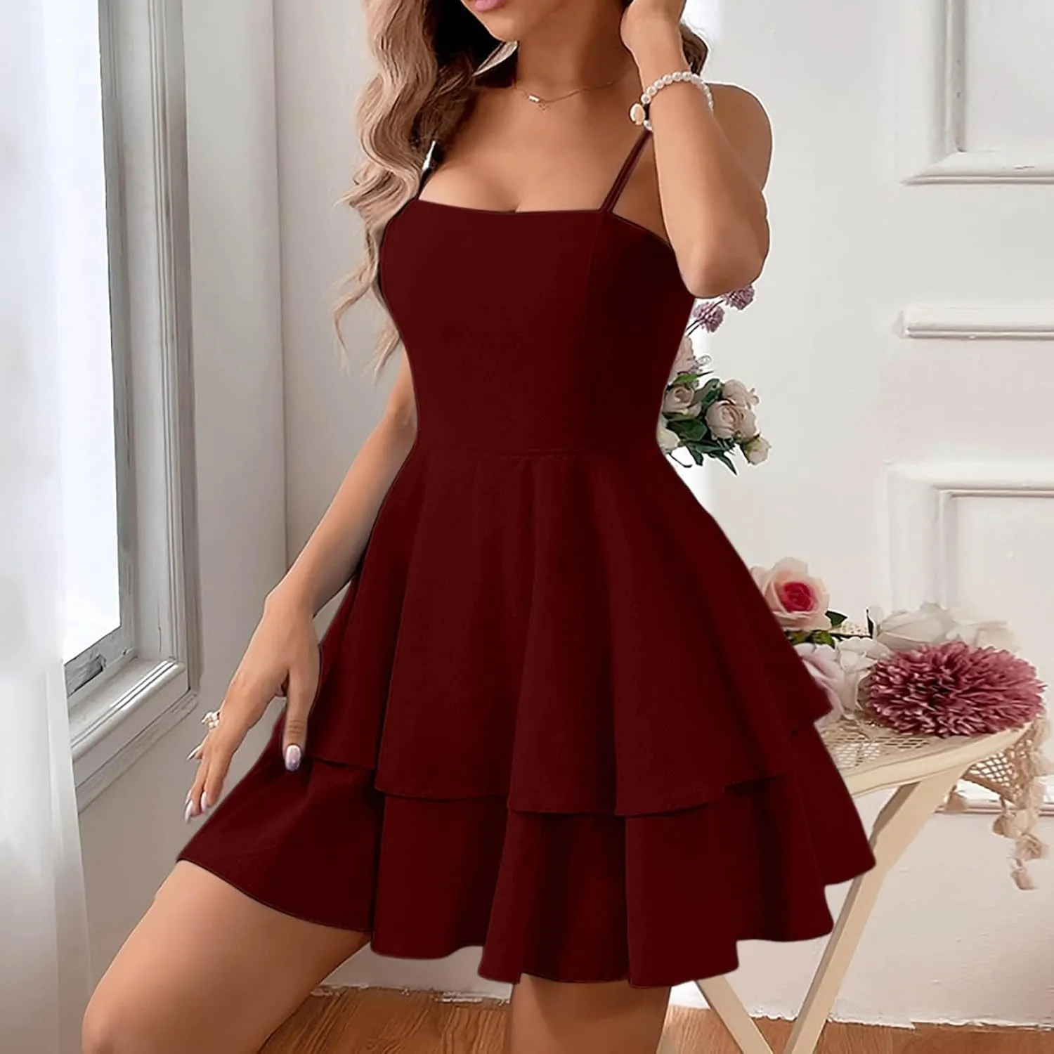 Womens 2025 Summer Casual Spaghetti Strap Mini Dress Bow Tie Back Cut Out Tiered A-Line Boho Sundress