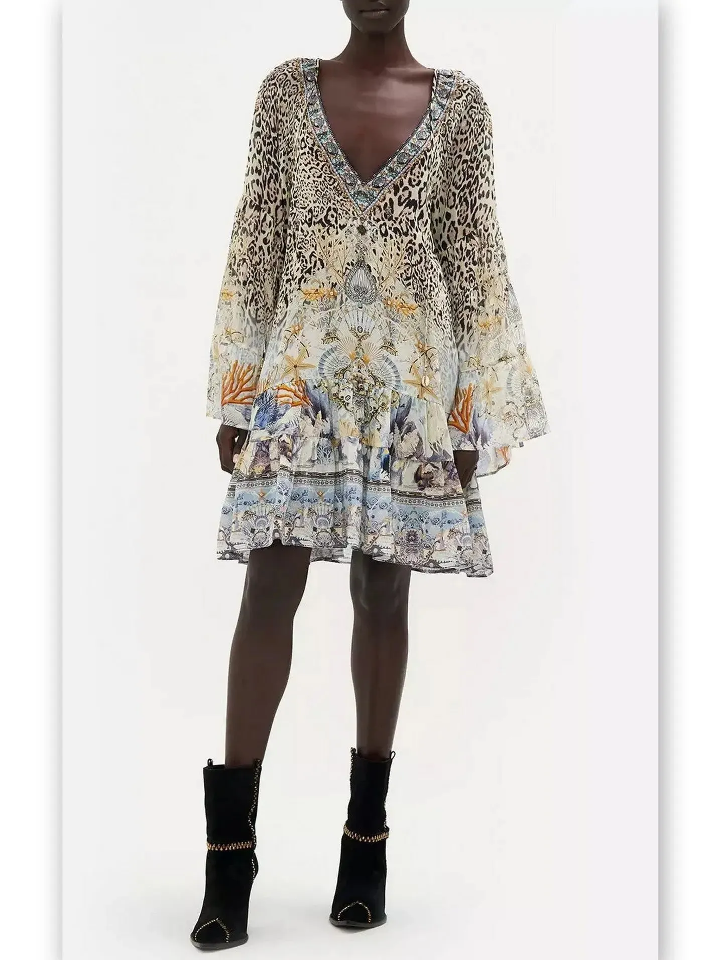 Women’s A-Line Gathered Panel Leopard and Mixed Print Silk Dress
