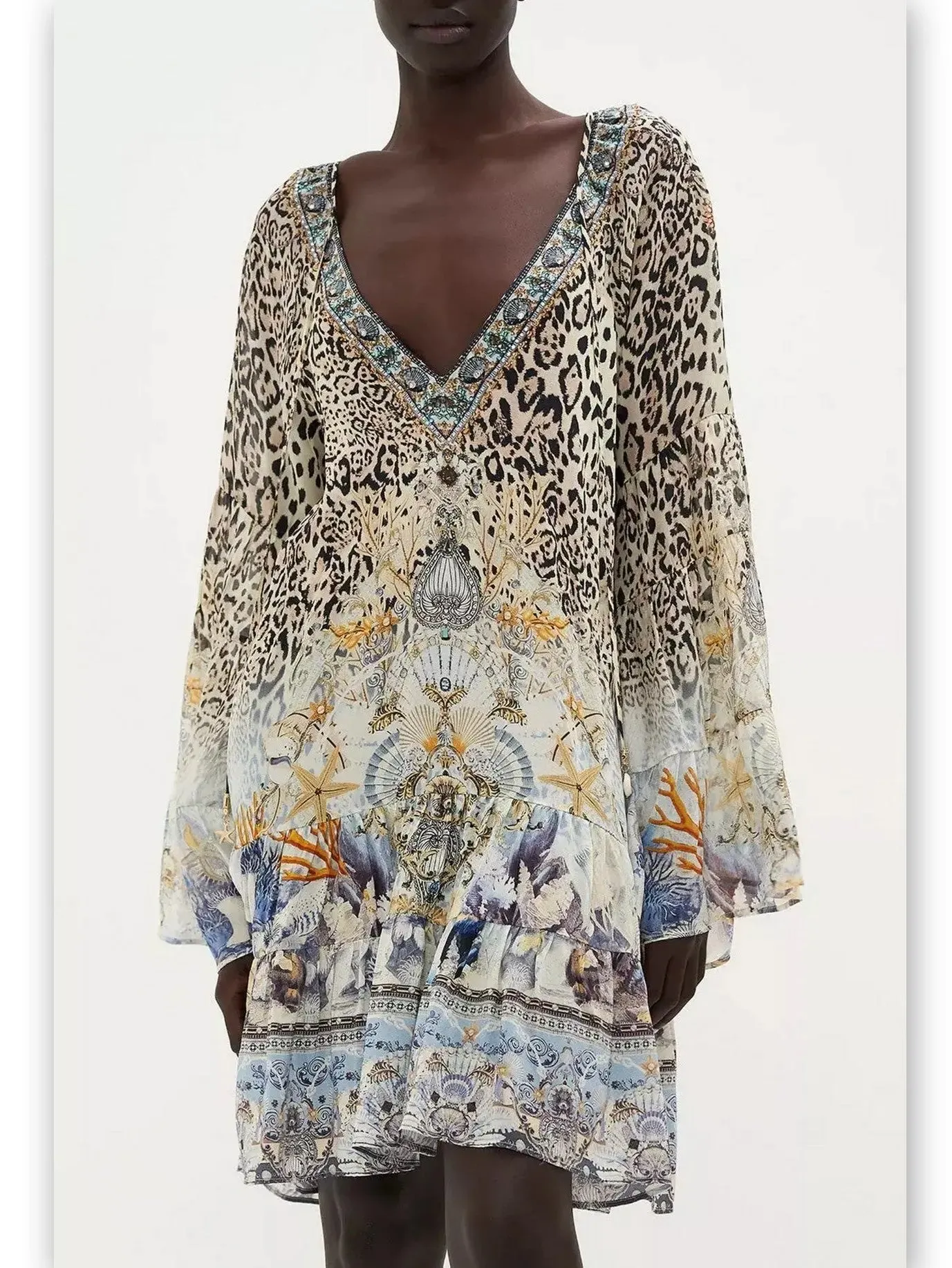 Women’s A-Line Gathered Panel Leopard and Mixed Print Silk Dress