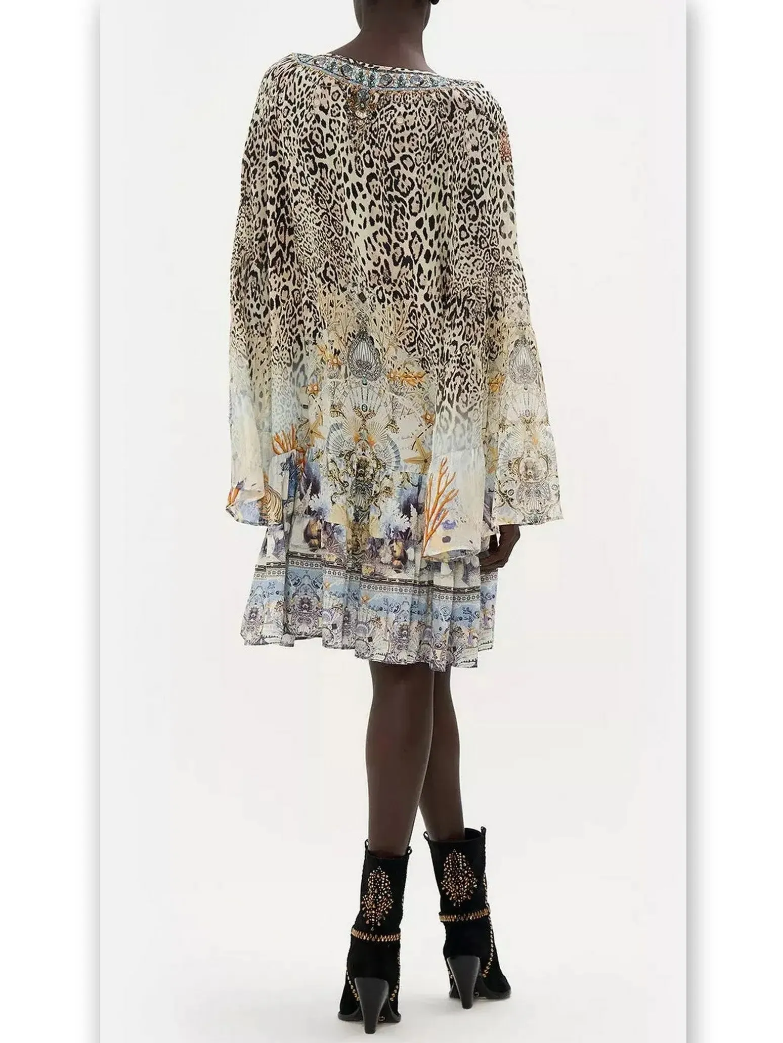 Women’s A-Line Gathered Panel Leopard and Mixed Print Silk Dress
