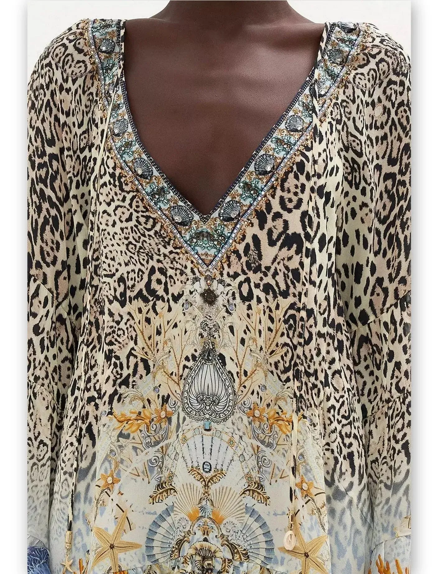 Women’s A-Line Gathered Panel Leopard and Mixed Print Silk Dress