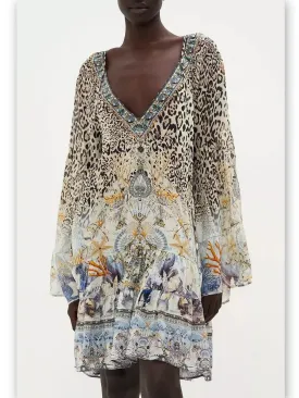 Women’s A-Line Gathered Panel Leopard and Mixed Print Silk Dress