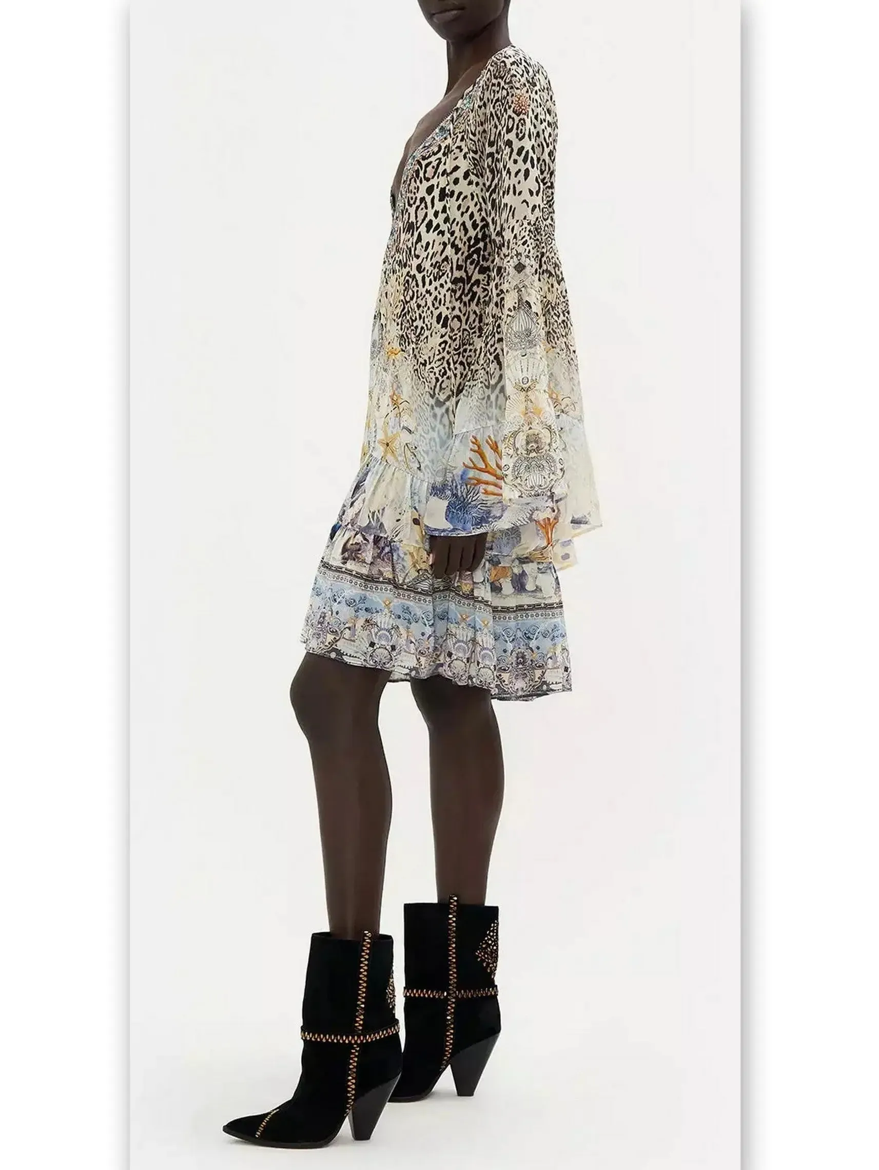 Women’s A-Line Gathered Panel Leopard and Mixed Print Silk Dress