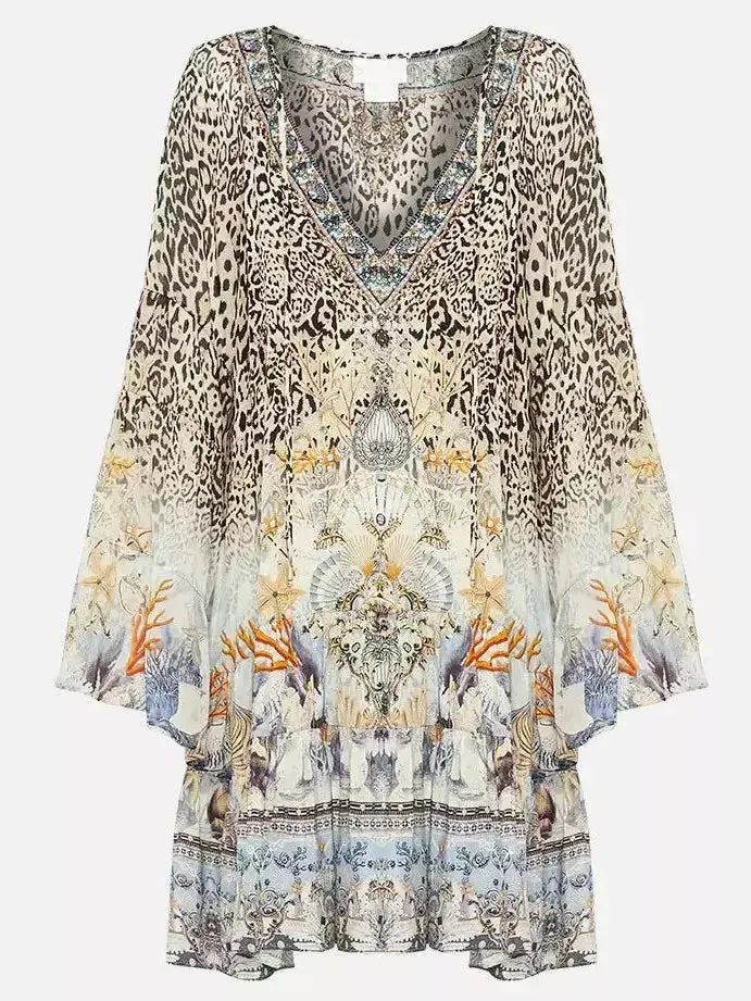 Women’s A-Line Gathered Panel Leopard and Mixed Print Silk Dress