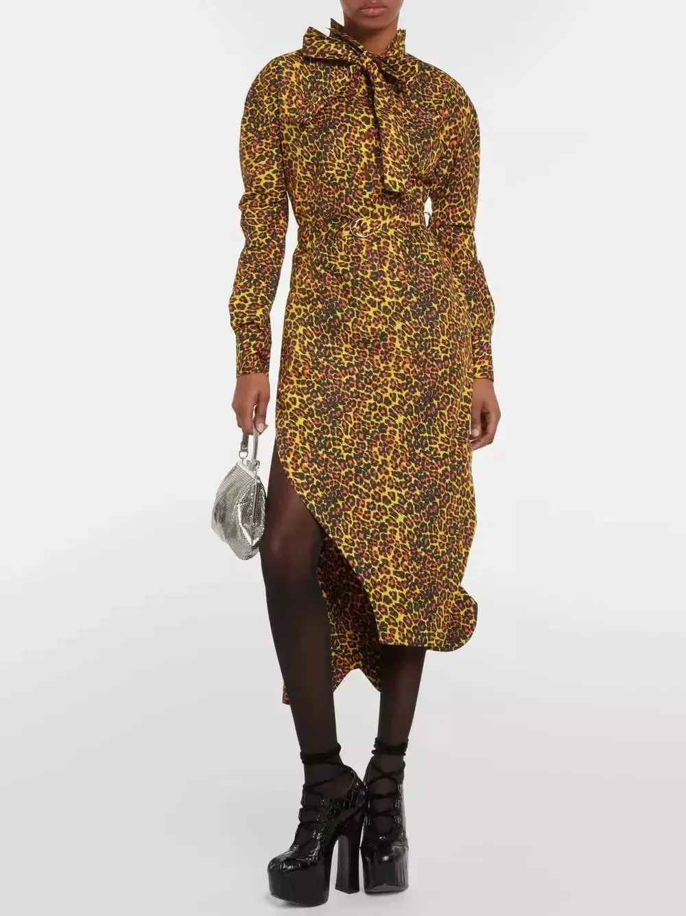 Women’s Asymmetrical Leopard-Print Midi Dress with Neck Tie