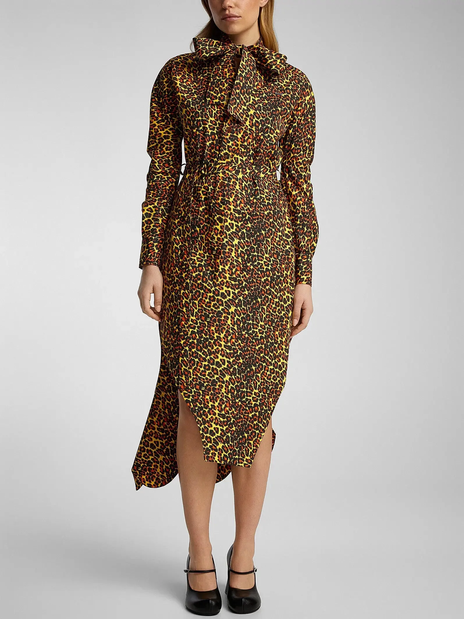 Women’s Asymmetrical Leopard-Print Midi Dress with Neck Tie