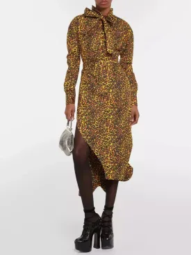 Women’s Asymmetrical Leopard-Print Midi Dress with Neck Tie