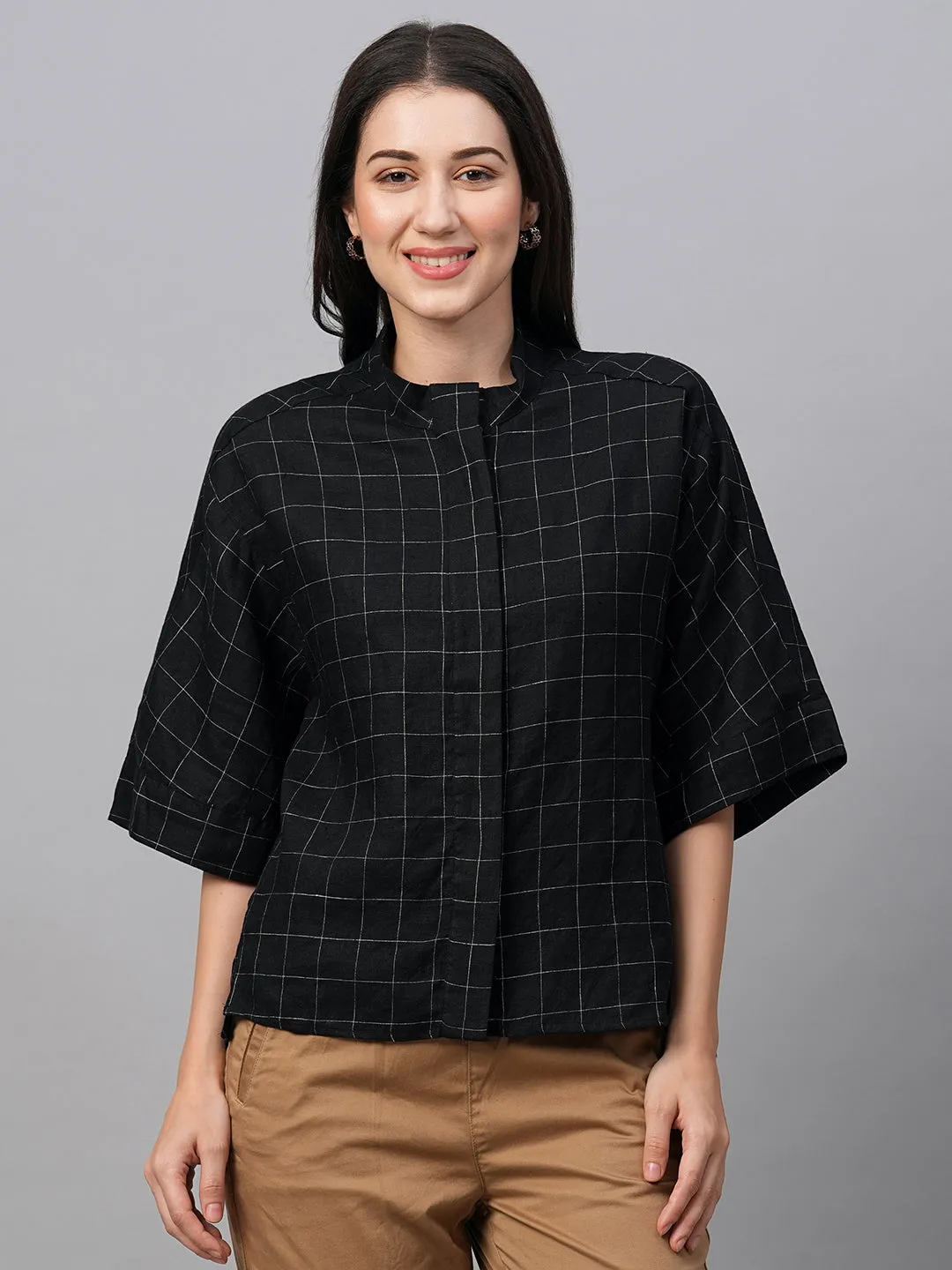 Women's Black Linen Boxy Fit Blouse