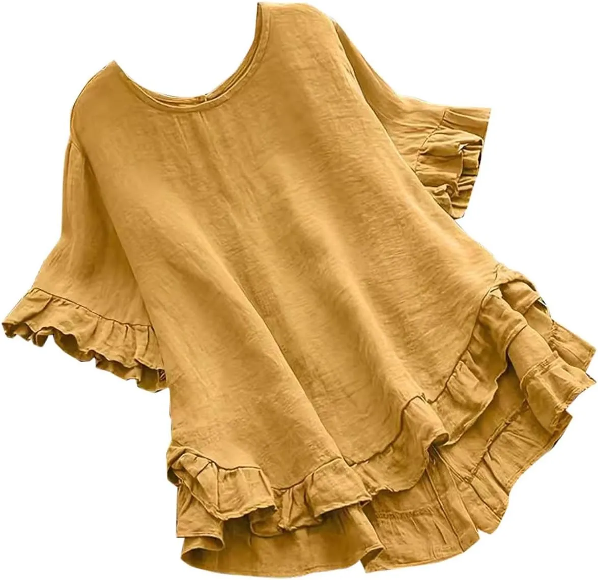 Women's Casual Ruffle Blouses Cotton Linen Plus Size Short Sleeve Tops Summer Loose Fit Fashion Ruffled Hem Shirts