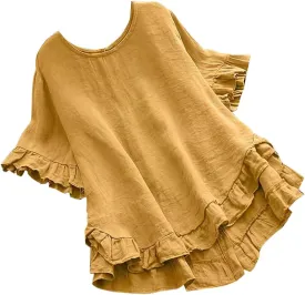 Women's Casual Ruffle Blouses Cotton Linen Plus Size Short Sleeve Tops Summer Loose Fit Fashion Ruffled Hem Shirts