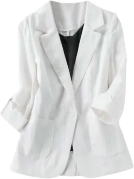 Womens Casual Solid Cotton Linen 3/4 Sleeve Short OL Work Blazer Jacket Coat
