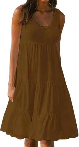 Womens Casual Sundresses 2025 Vacation Summer Beach Dresses Flowy Knee Length Tshirt Dress Sleeveless Ruffle Dress