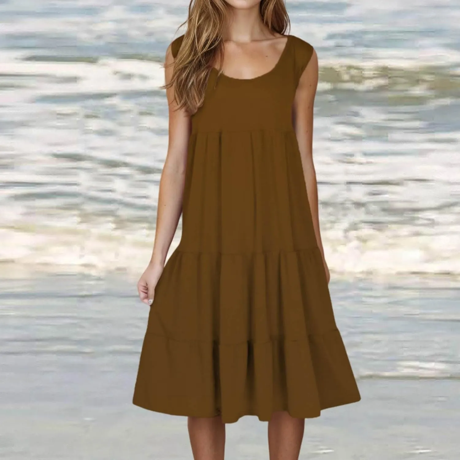 Womens Casual Sundresses 2025 Vacation Summer Beach Dresses Flowy Knee Length Tshirt Dress Sleeveless Ruffle Dress