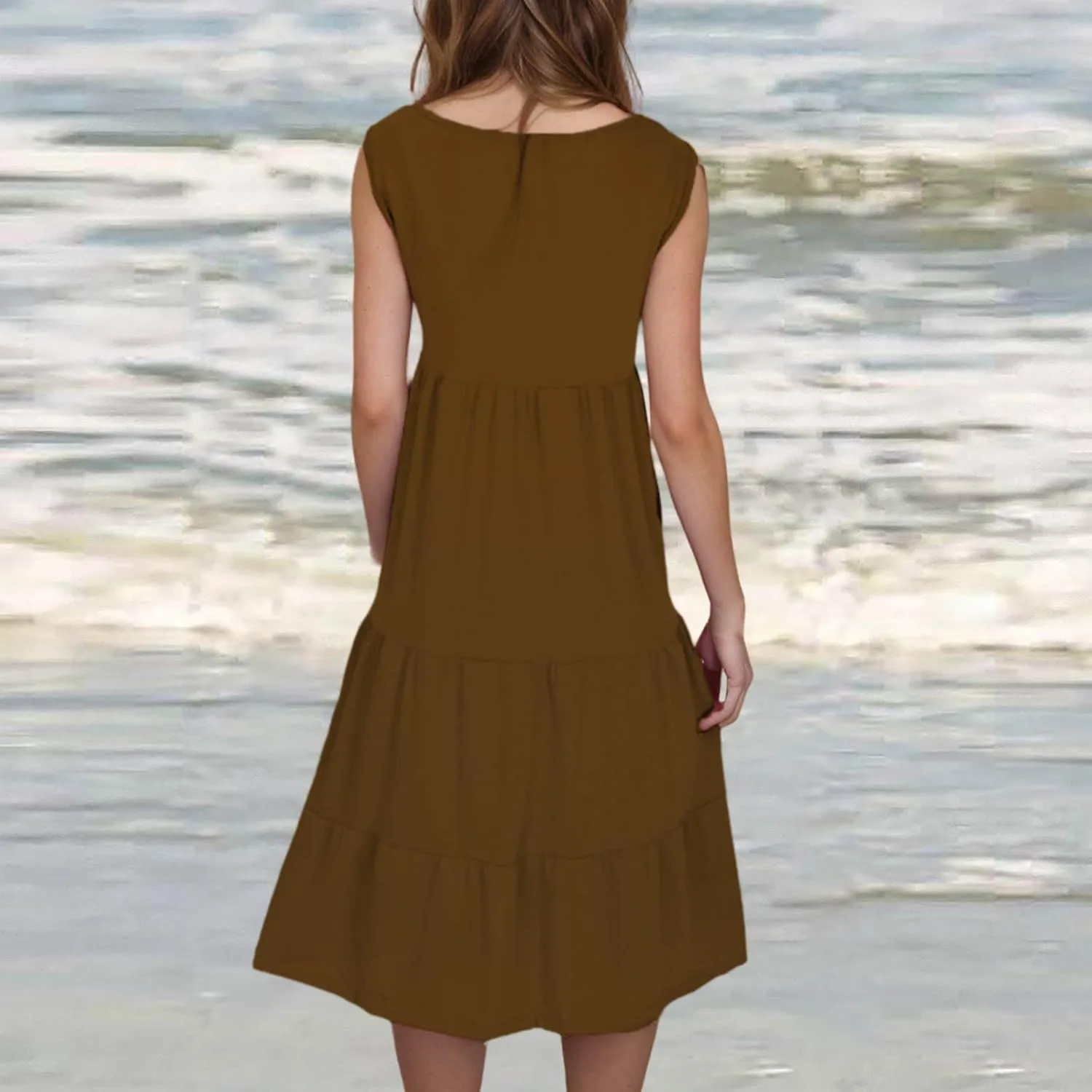 Womens Casual Sundresses 2025 Vacation Summer Beach Dresses Flowy Knee Length Tshirt Dress Sleeveless Ruffle Dress