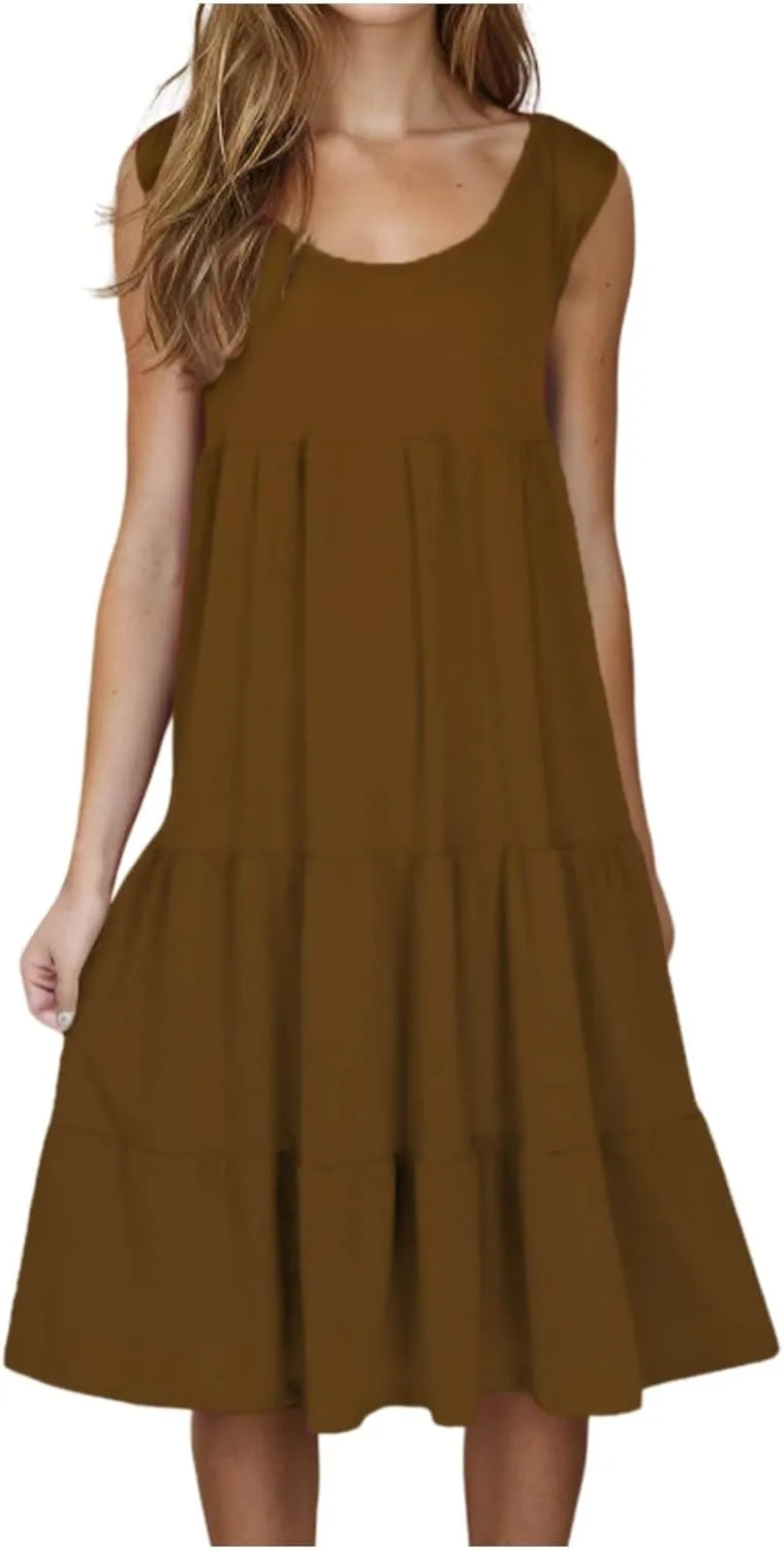 Womens Casual Sundresses 2025 Vacation Summer Beach Dresses Flowy Knee Length Tshirt Dress Sleeveless Ruffle Dress
