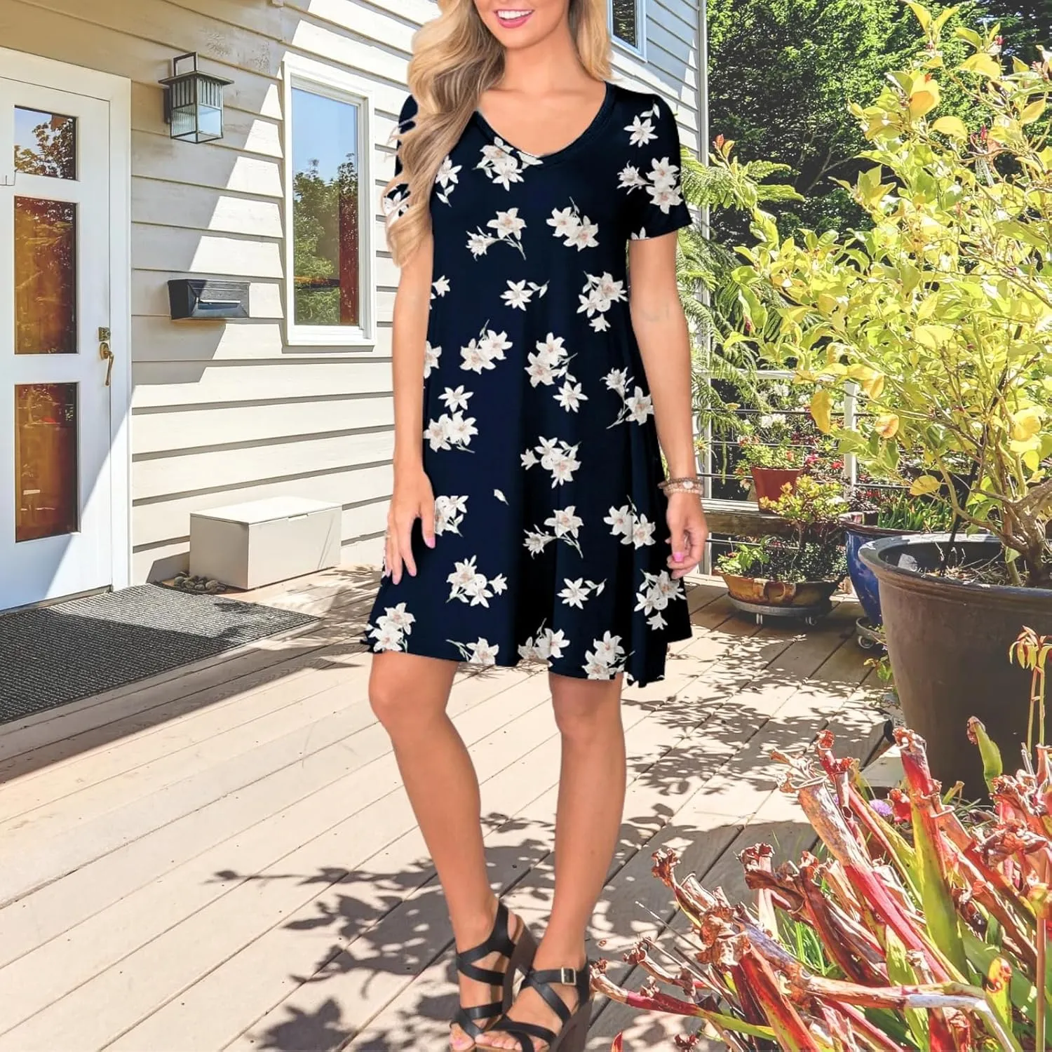 Women's Casual T Shirt Dress Summer Short Sleeve Swing Dresses with Pockets