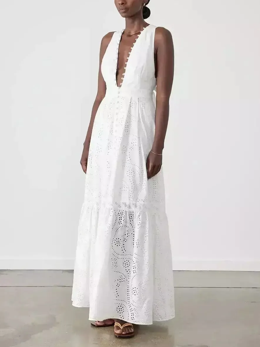 Women’s Cotton Broderie White Halter Maxi Dress