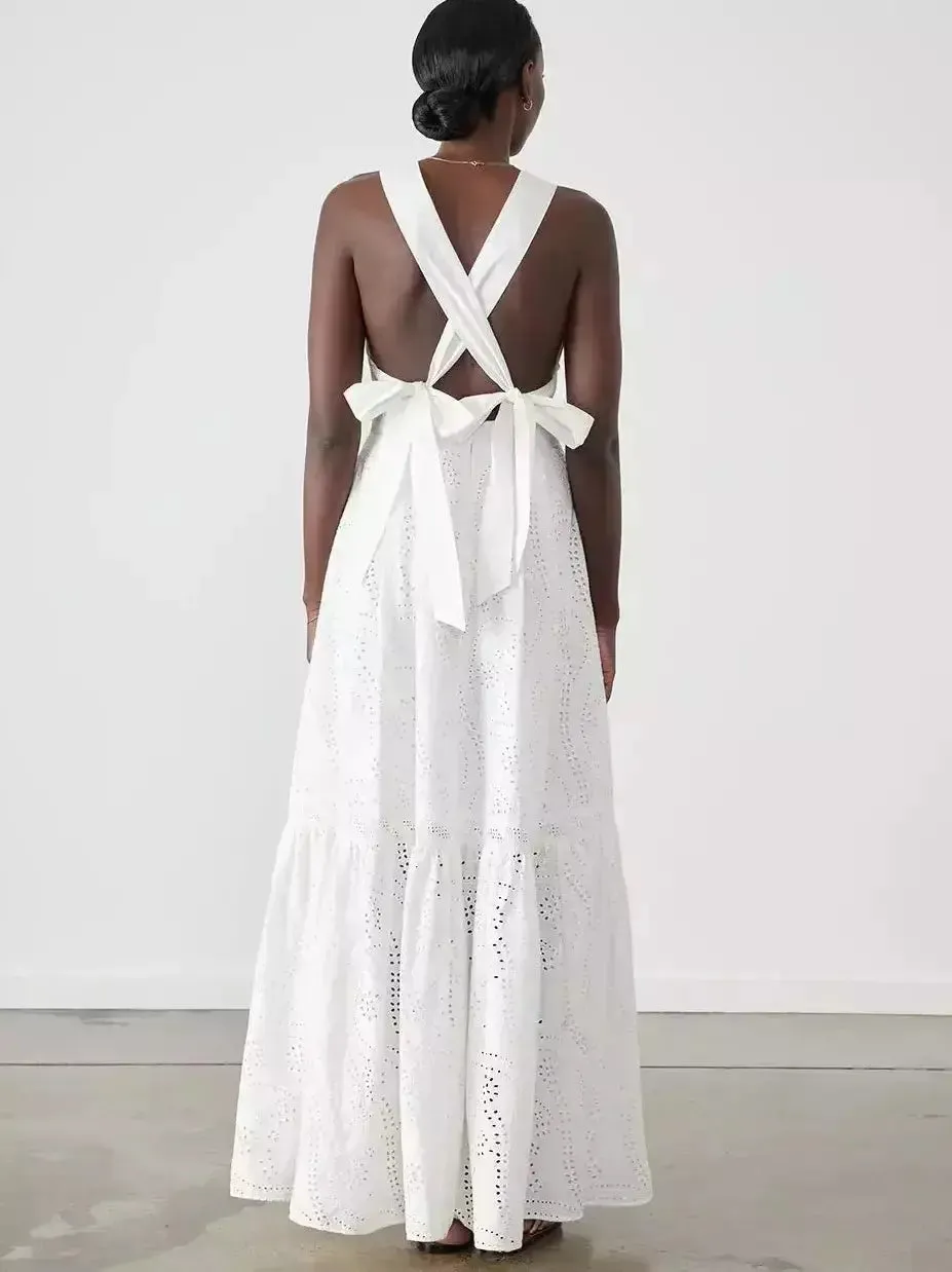 Women’s Cotton Broderie White Halter Maxi Dress