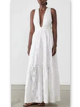Women’s Cotton Broderie White Halter Maxi Dress